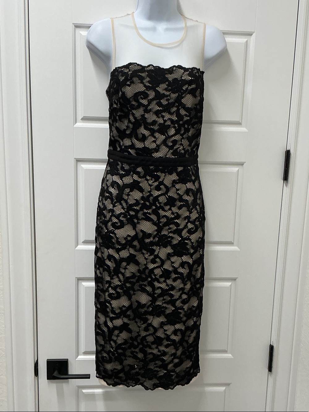 bebe Black Lace Midi Dress with Nude Underlay